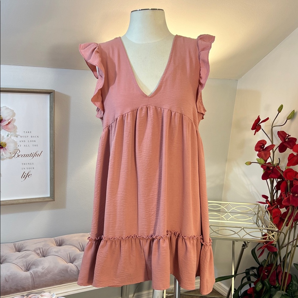 Altar'd State Dusty Rose Ruffle Sleeve Babydoll Mini Dress  Size Medium